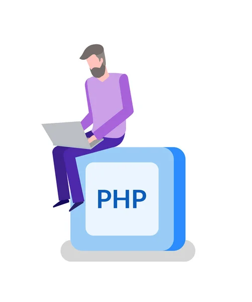 Php ボタン、プログラミング、コーディング、男性プログラマー — ストックベクタ