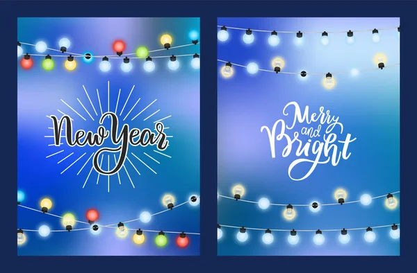 New Year Merry Bright Winter Holiday Card, Garland — Stock Vector