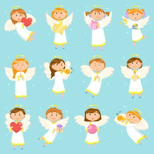Angel Children, Boys and Girls Winter Holiday — Stock Vector