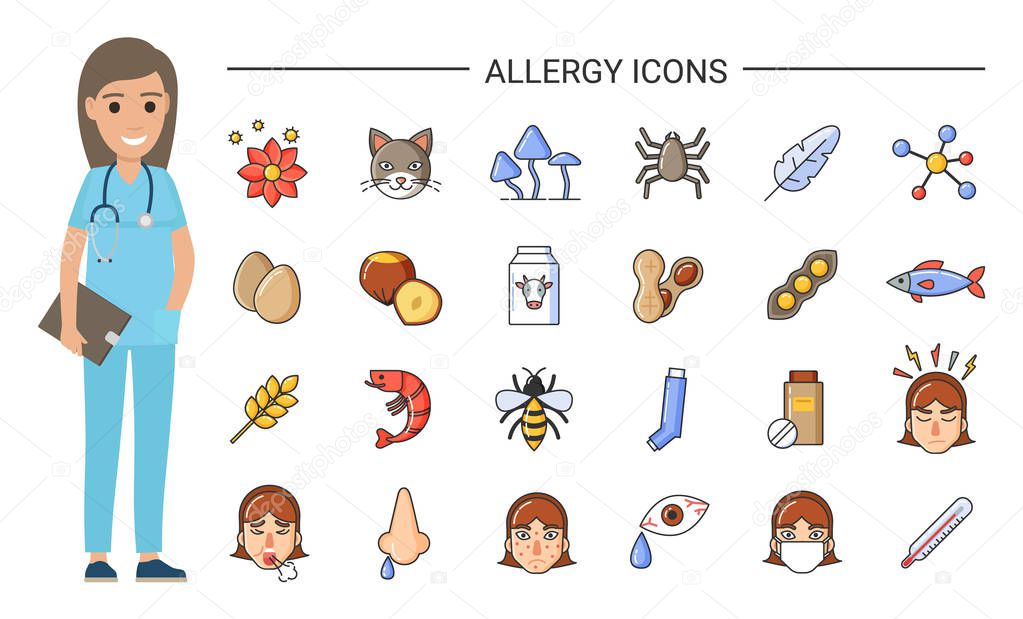 Allergy Icons and Doctor, Nurse and Treatment
