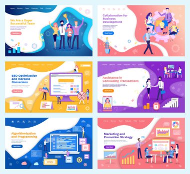 Promotion of network, algorithmization and programming vector. Seo optimization and collaboration of programmers, marketing and strategy on board clipart svg vector 