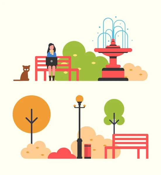 Woman Freelance Worker Sitting on Bench in Park — Stock Vector