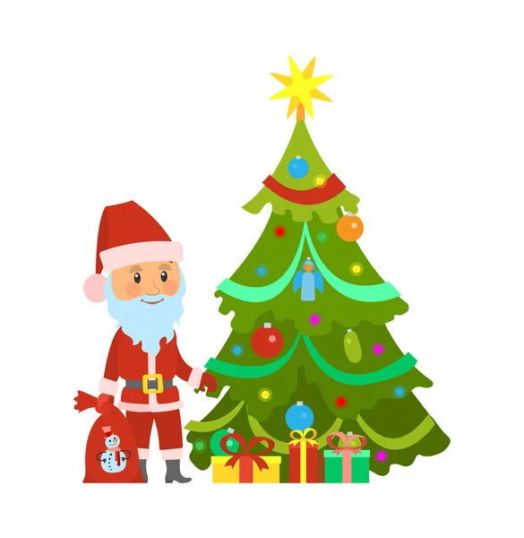 Natale Vacanze invernali, Babbo Natale e albero — Vettoriale Stock