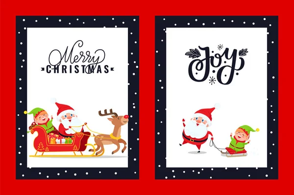 Cartão de saudação Holly Jolly com Papai Noel, Veado, Elfo — Vetor de Stock
