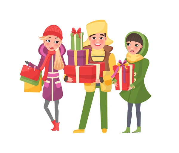 Χριστουγεννιάτικα ψώνια ευτυχισμένων ανθρώπων με δώρα — Διανυσματικό Αρχείο