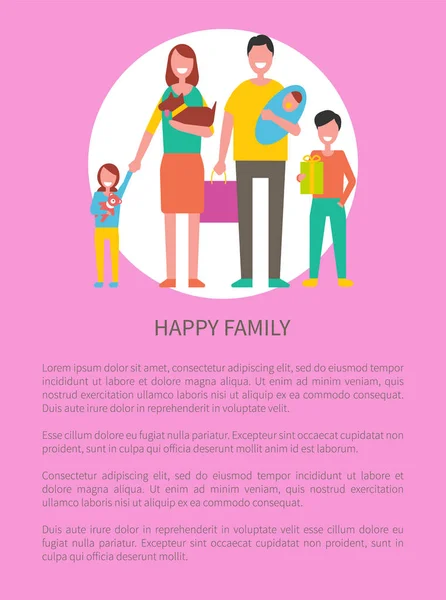 Gelukkige familie Poster paar met kinderen en huisdier — Stockvector