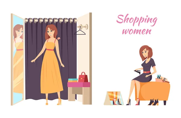 Shopping Women Female Trying Dress Poster Vector — Stock Vector