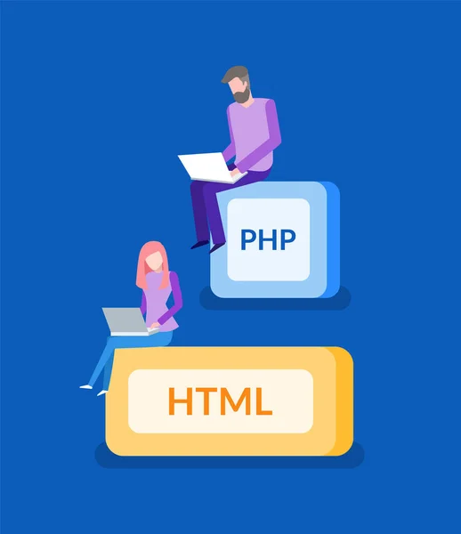 PHP и HTML, Programmer Work, IT Technologies — стоковый вектор