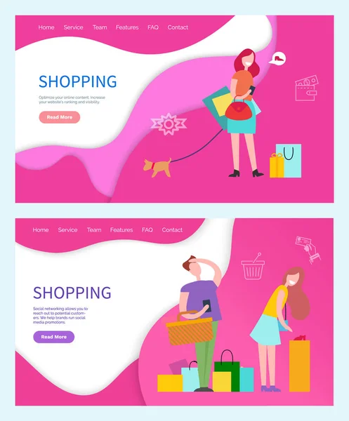 Shopping Pages Web Les gens qui achètent des produits dans les magasins — Image vectorielle