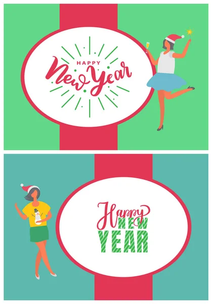 Happy New Year Poster, Woman in Santa Claus Hat — Stock Vector