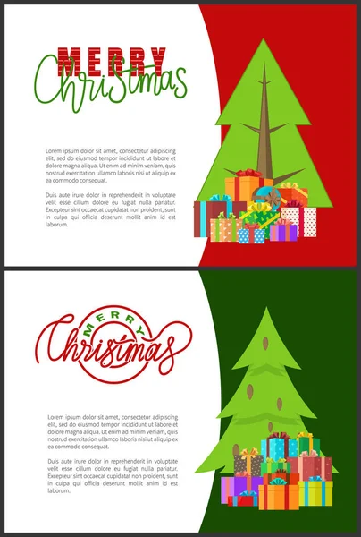 Joyeux Noël Cartes postales avec des arbres de Noël verts — Image vectorielle