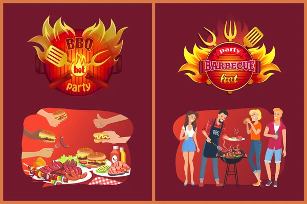 Barbecue Party Emblems and Friends near Grill — Stock Vector