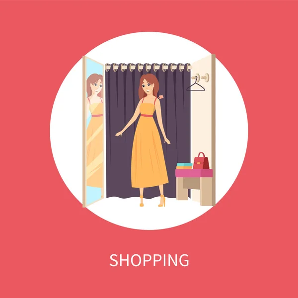 Shopping femme dans vestiaire essayer sur robe — Image vectorielle