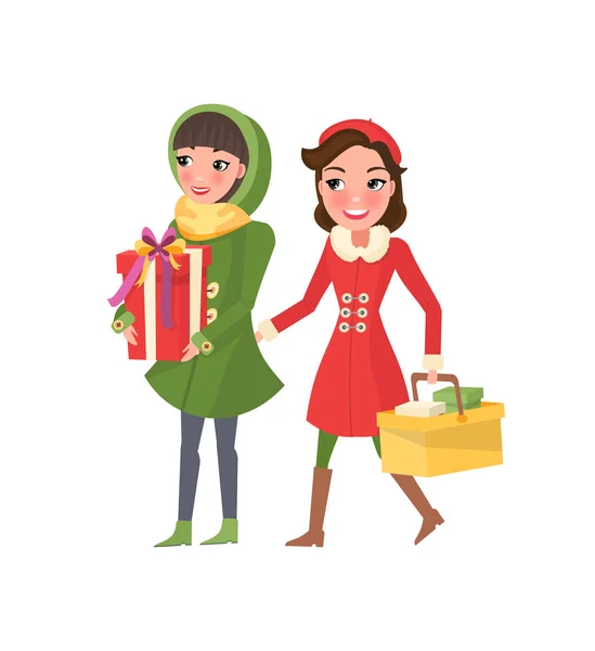 Jullov, beredning av kvinnor Shopping — Stock vektor