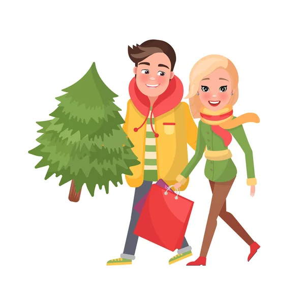 Merry ζευγάρι επιστρέφει από τα ψώνια, χριστουγεννιάτικο δέντρο — Διανυσματικό Αρχείο