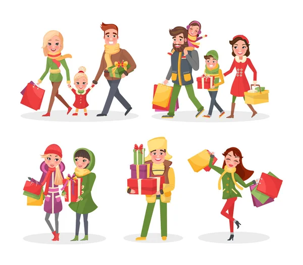 Рождественский шопинг, семья и друзья — стоковый вектор