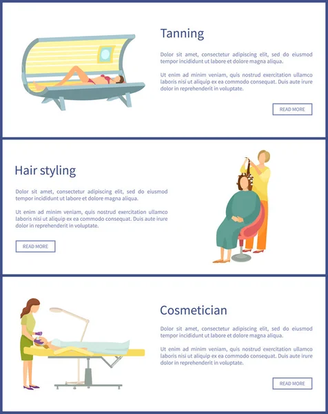 Tanning and Hair Styling Style Posters Set Vector — Stock Vector
