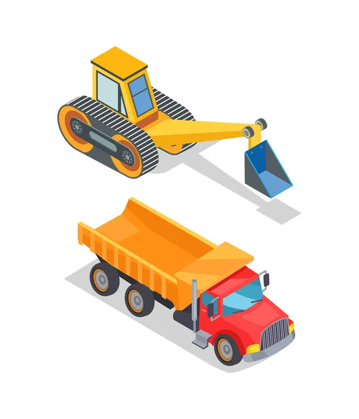 Grävmaskin och lastbil med tomma lastning Container — Stock vektor