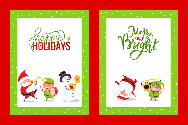 Cartões de felicitações de férias com Papai Noel, Boneco de neve, Elfo — Vetor de Stock