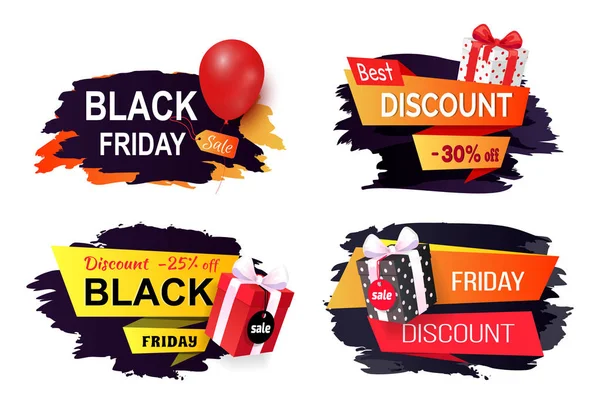 Discount Offer Black Friday Autumn Holiday Vector Banners Presents Boxes — Stock Vector