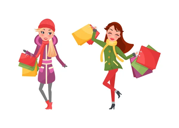 Happy Women on Shopping Vector Isolado. Fêmeas — Vetor de Stock