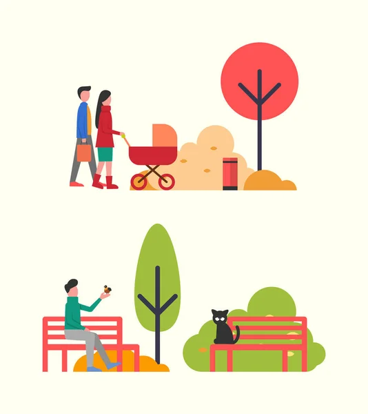 Personas Relajándose en el Parque de Otoño, Familia con Pram — Vector de stock