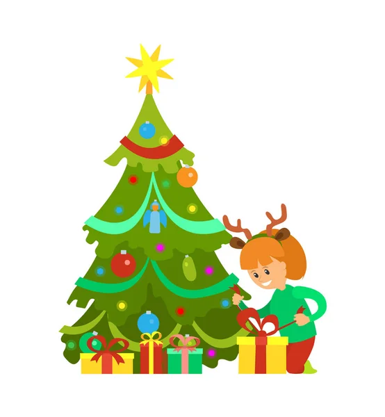 Vacaciones de Navidad Nochevieja, Niña y Árbol — Vector de stock