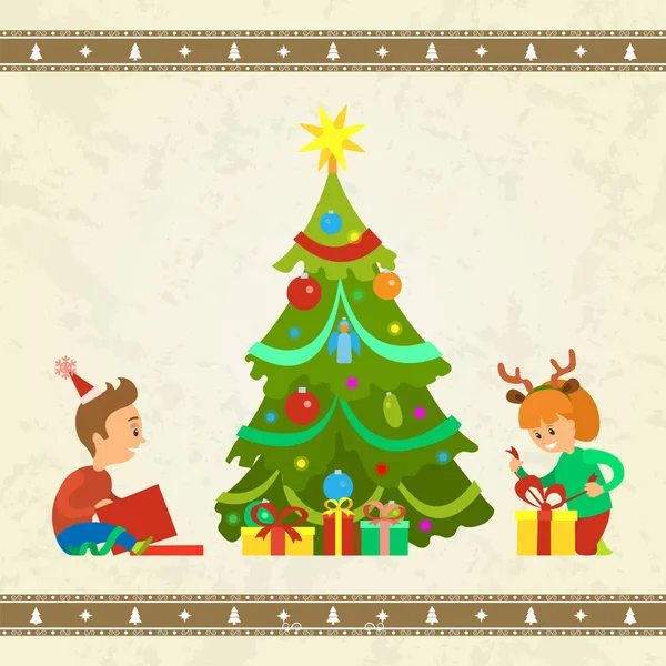 Christmas Holiday Atmosphere, Children with Gifts — Stock Vector