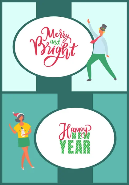 Merry and Bright Holidays, Happy New Year Postcard — Stock Vector