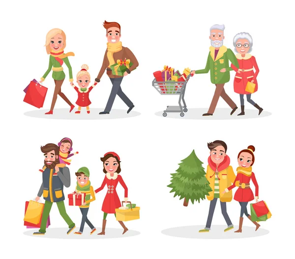 Férias de Natal Compras, Pessoas com Sacos —  Vetores de Stock