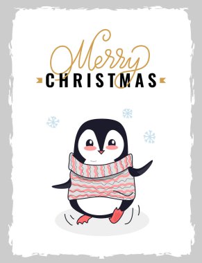 Kazaklı penguen ile neşeli Noel kartpostalı