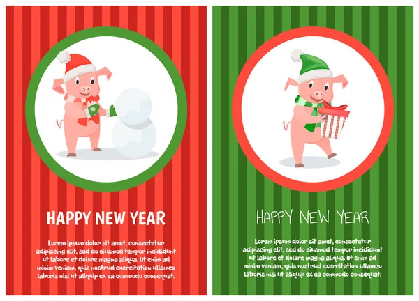 Szczęśliwego nowego roku pocztówka, świnia w kostium Santa — Wektor stockowy