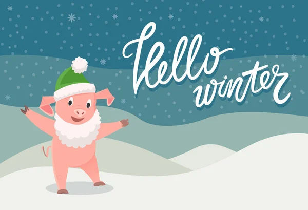Karta Hello zima z symbolem 2019 świnia wektor — Wektor stockowy