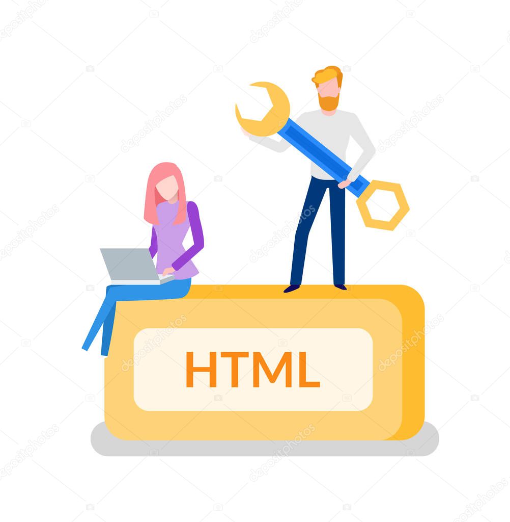 Vector of HTML Programming Man Developer with Instrument HTML programming man developer with tool instrument for optimization vector. Woman working on laptop, development of web code services and web sites stock vector