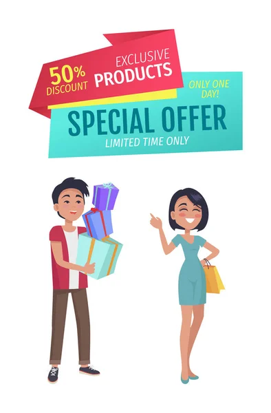 Banner vetorial de oferta especial com pessoas comprando — Vetor de Stock