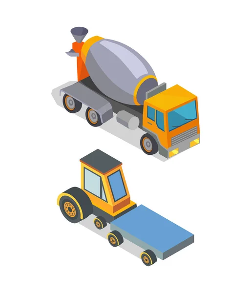 Cement Mixer and Transporting Machinery Icons — Stock Vector