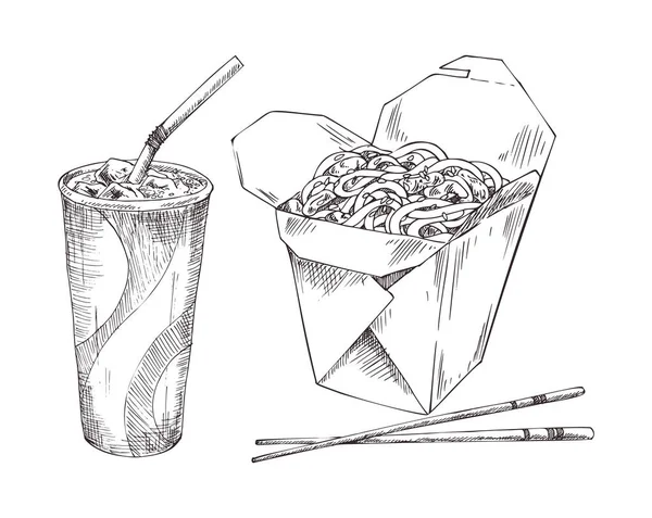 Nouilles en boîte et en papier tasse boisson Sketch Icône Set — Image vectorielle