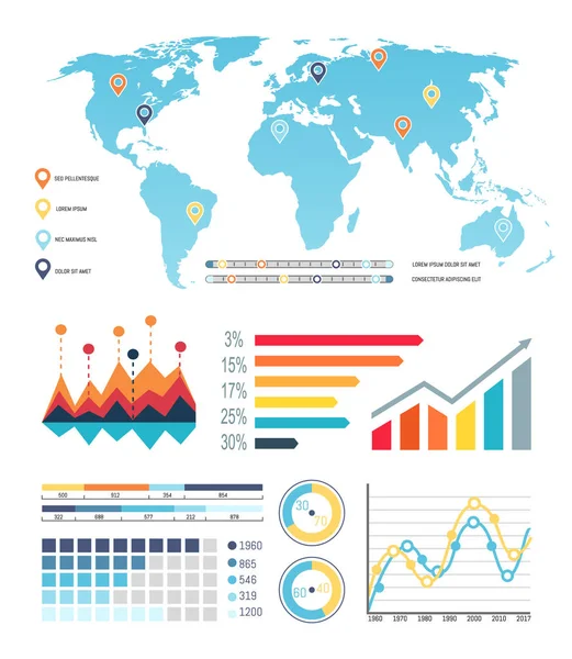 Παγκόσμιος Χάρτης με διαγράμματα απεικόνιση πληροφοριών — Διανυσματικό Αρχείο