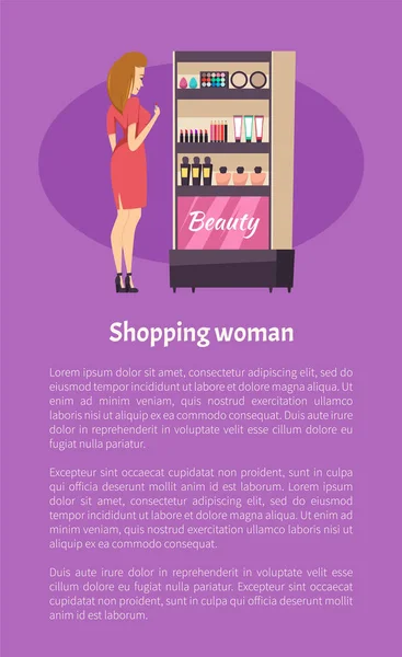 Affiche du stand de cosmétiques Shopping Woman Near Beauty — Image vectorielle