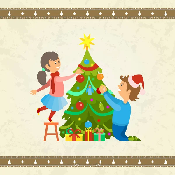 Decorazione dell'albero di pino di festa di Natale della famiglia — Vettoriale Stock