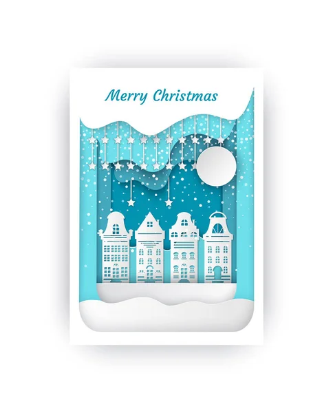 Merry Christmas Cut Out Paper Buildings Cityscape — Stock Vector