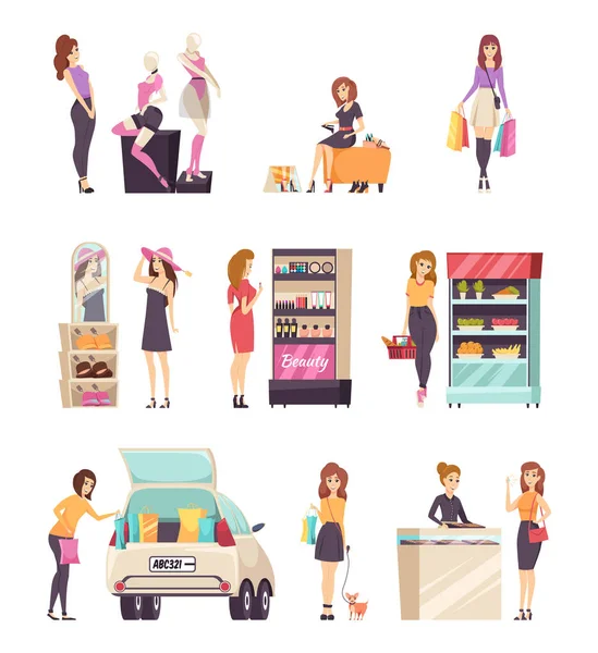 Alışveriş mağazaları ve dükkanlar kadın vektör ayarla — Stok Vektör