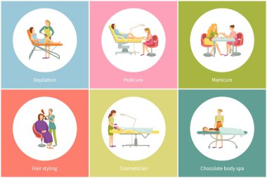 Manikür pedikür, tırnak tedavi ve yordam manikürcü ve pedicurist tarafından parlatma vektör ayarlayın. Depilasyon bacaklar, makyajcısı ve çikolata spa