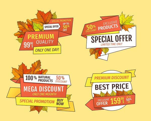 Promo Price Advertisement Autumn Labels Tags Set — Stock Vector