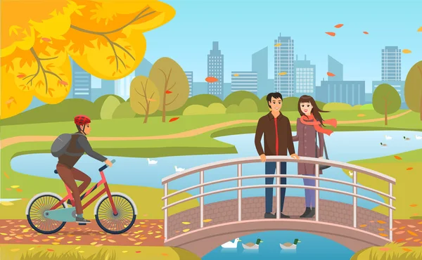 Parque de Otoño con pareja y chico montando en bicicleta — Vector de stock