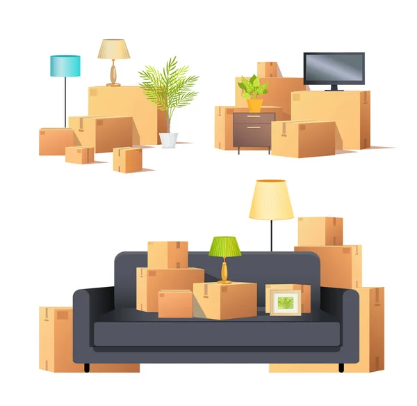 Mover em Novo Apartamento Caixas de papelão Set Vector —  Vetores de Stock