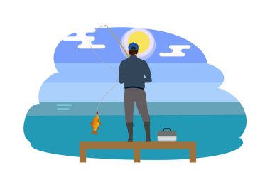 Ahşap iskele vektör çizim üzerinde duran adam