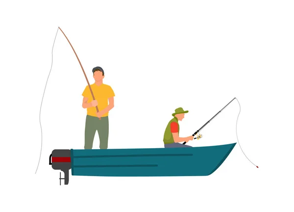 Dois pescadores com varas de pesca no barco a motor — Vetor de Stock