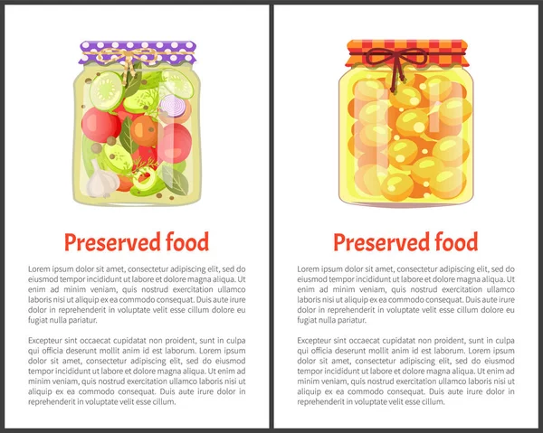 Poster alimentari conservati con frutta o verdura — Vettoriale Stock