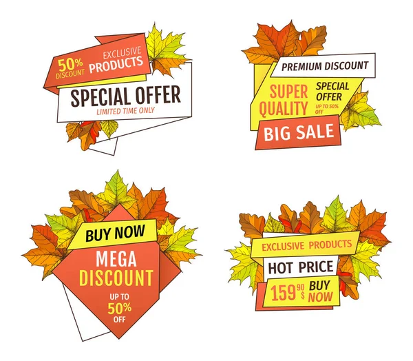 Exclusive Offer Buy Now Labels Maple oak Leaves — Stock Vector